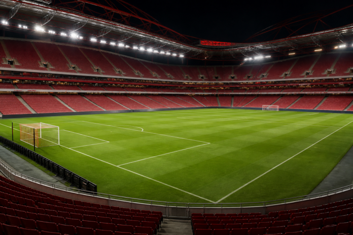Illustration editoriale d un grand stade lisboete sous les projecteurs apres la victoire 3-1 de Benfica contre AGF.