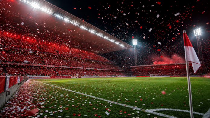 Illustration editoriale d un stade portugais illumine avec des confettis rouges et blancs apres une large victoire de Benfica.