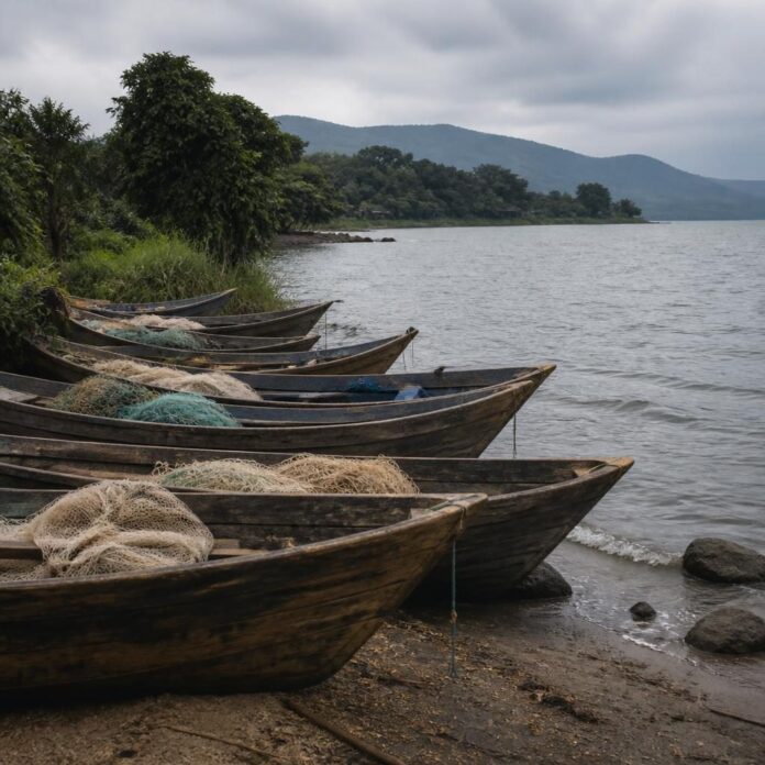 Pirogues de pêche amarrées sur les rives du lac Édouard, près de la sous-station de Chaandiro