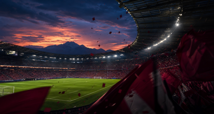 Illustration editoriale d un stade europeen au crepuscule apres une victoire 5-2 du FC Barcelone a Bale.