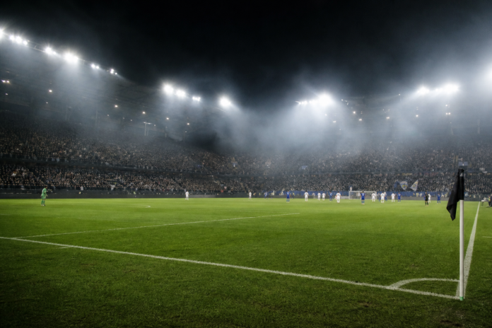 Stade nordique sous ciel froid avec pelouse eclairee et joueurs lointains non identifiables, sans logos ni visages visibles.