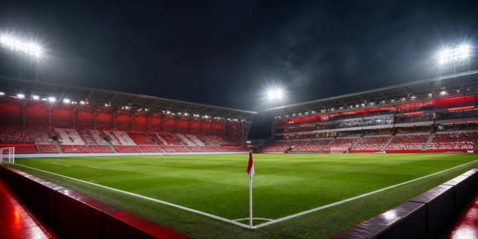 Illustration editoriale d un stade londonien rouge et blanc vide sous les projecteurs apres la victoire 3-0 de Brentford contre Tottenham.