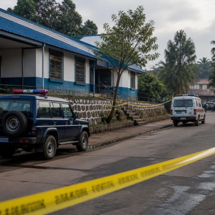 Façade d'une agence de microfinance à Bukavu avec un cordon de sécurité et des agents de police après un braquage
