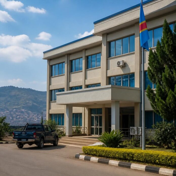 Entrée du bâtiment de la DGI à Bunia avec des agents en activité