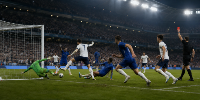 Scene de derby entre une equipe bleue et une equipe blanche dans un grand stade, ballon devant le but.