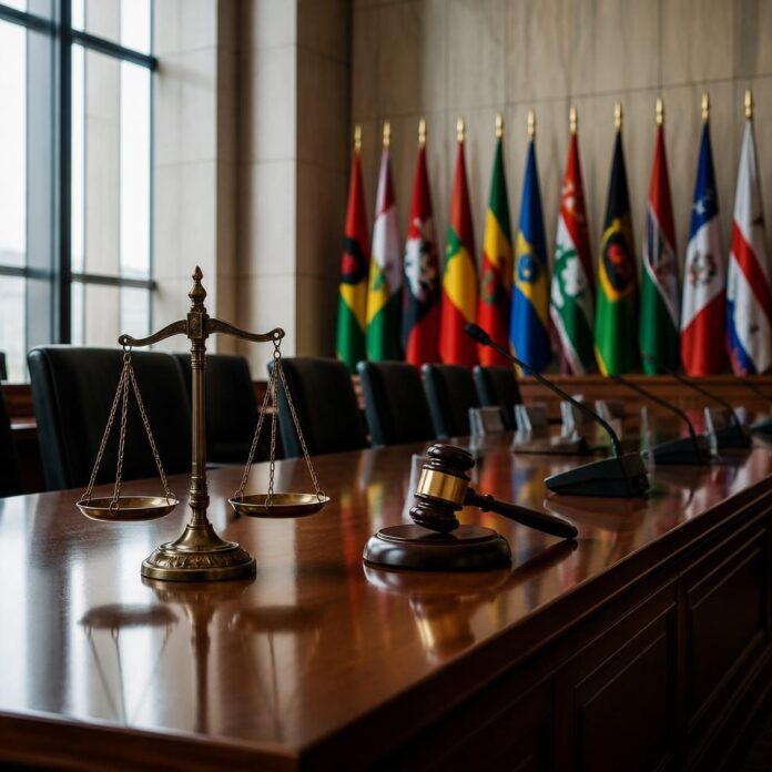 Salle de conférence internationale avec drapeaux et symboles de justice comme une balance et un marteau