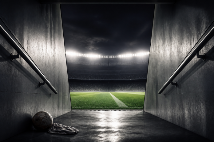 Illustration editoriale d un tunnel de stade vide ouvrant sur une pelouse eclairee, symbole d une fin de carriere imminente.