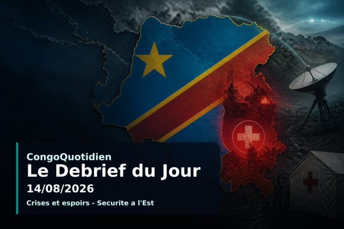 Illustration du débrief du 14 août 2026 en RDC : crise sanitaire Ebola, sécurité à l'Est, solidarité nationale et innovation technologique Starlink Mobile.