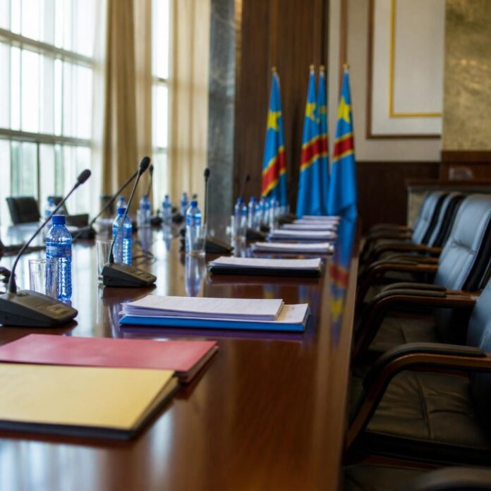 Salle de réunion politique au Palais du peuple avec drapeaux de la RDC et micros