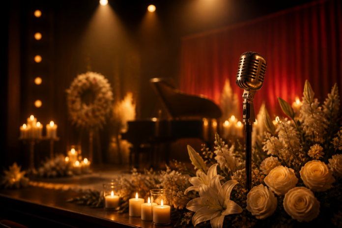Illustration editoriale d une scene de concert transformee en lieu d hommage apres la mort de Dolly Parton.
