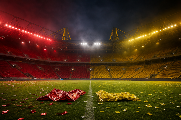 Illustration editoriale d un grand stade allemand partage entre rouge et jaune apres la victoire 2-1 du Bayern contre Dortmund.