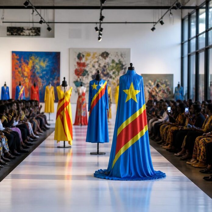 Défilé de mode avec des mannequins arborant les couleurs des drapeaux congolais lors de la DRC Fashion Week à Kinshasa