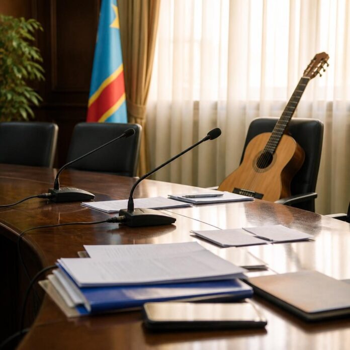 Salle de réunion avec micros, documents et une guitare, illustrant la rencontre entre musiciens et autorités à Kinshasa
