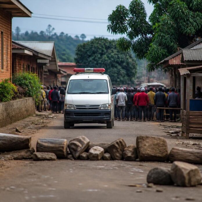 Habitants de Butembo rassemblés devant une ambulance médicale, bloquant les équipes de riposte anti-Ebola