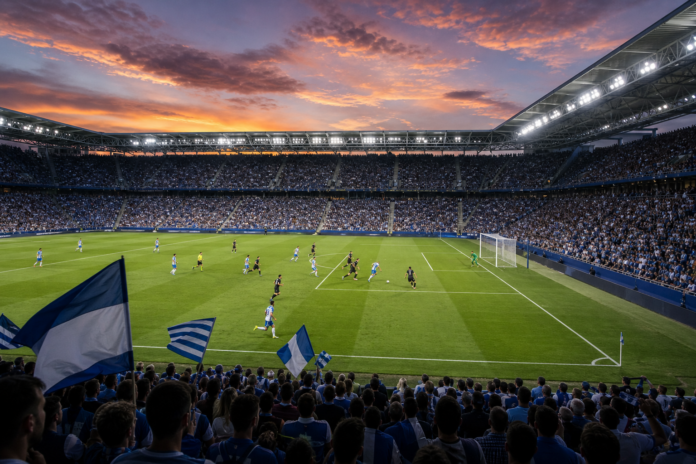 Illustration editoriale d un stade espagnol moderne au crepuscule pendant la victoire d Espanyol contre Levante.