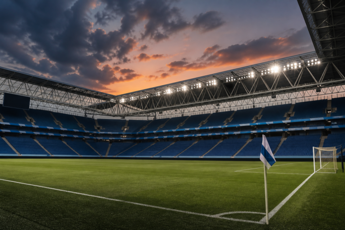 Illustration editoriale d un grand stade espagnol vide au coucher du soleil apres la victoire 2-1 du Real Madrid chez l Espanyol.