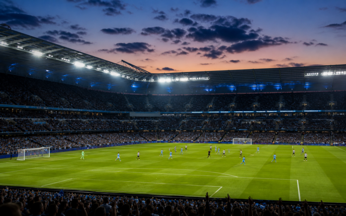 Vue large d un stade britannique au crepuscule avec une equipe bleue face a une equipe noire et blanche.