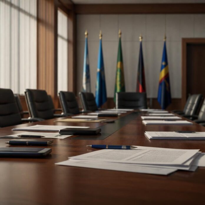 Salle de réunion diplomatique avec documents de désarmement et drapeaux en arrière-plan