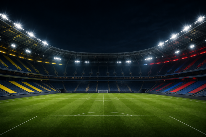 Illustration editoriale d un grand stade vide sous les projecteurs pour le nul 1-1 entre Fenerbahce et Lyon.