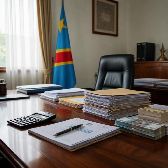 Un député en costume remettant une lettre officielle dans un bureau avec des documents financiers et un drapeau congolais en arrière-plan