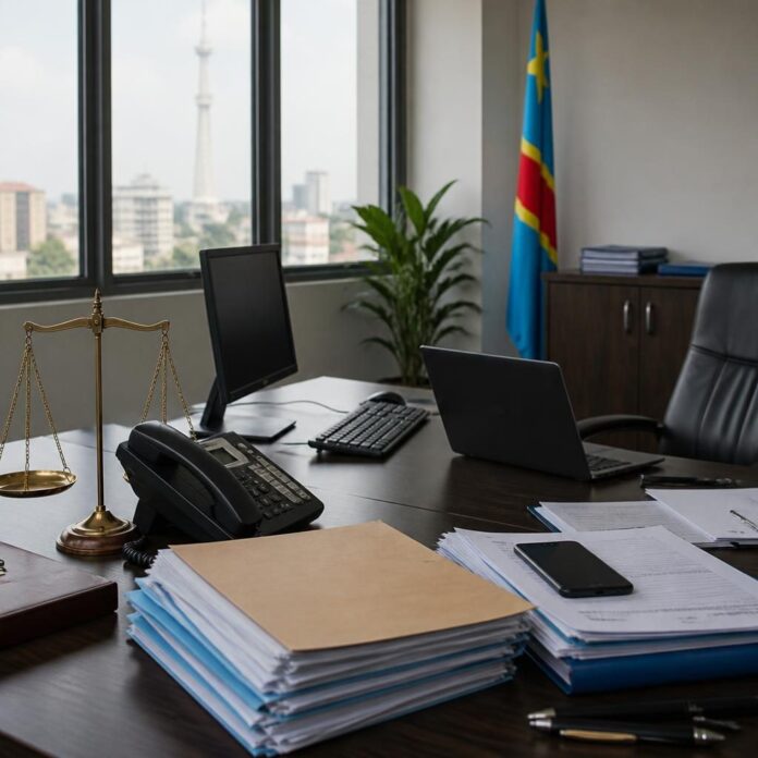 Bureaux gouvernementaux avec ordinateurs et dossiers, ambiance administrative moderne