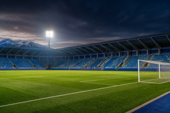 Illustration editoriale d un stade turc vide sous les projecteurs apres la victoire 4-0 de Galatasaray a Erzurum.