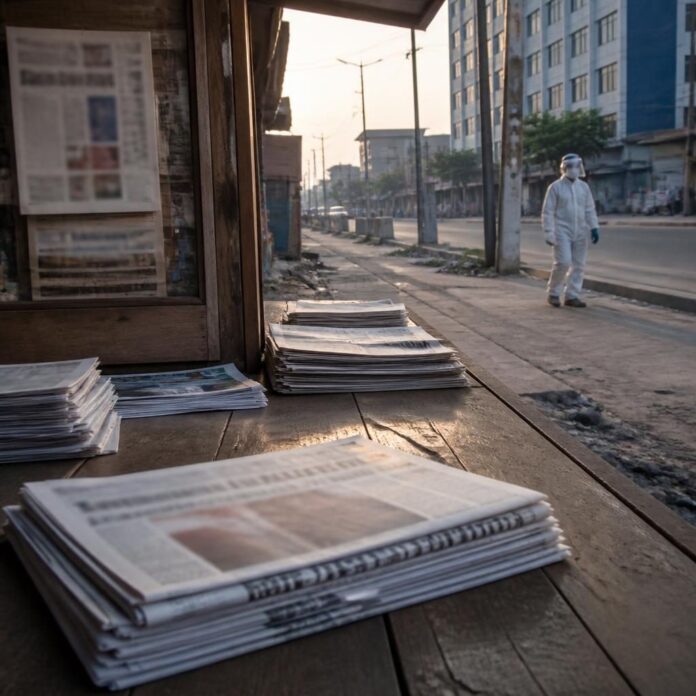 Kiosque à journaux à Kinshasa avec un soignant en tenue de protection au loin