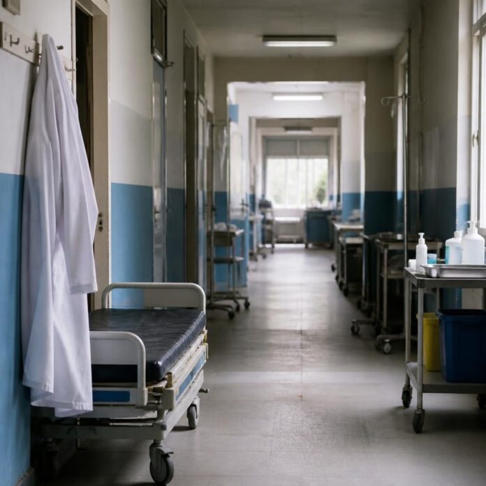 Salle d'hôpital public avec équipements médicaux et blouse blanche, évoquant la reprise des soins
