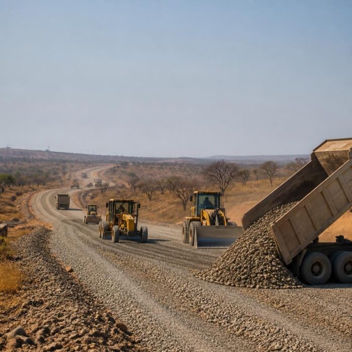 Engins de chantier sur le tracé du corridor Kasomeno-Kasenga-Chalwe dans le Haut-Katanga