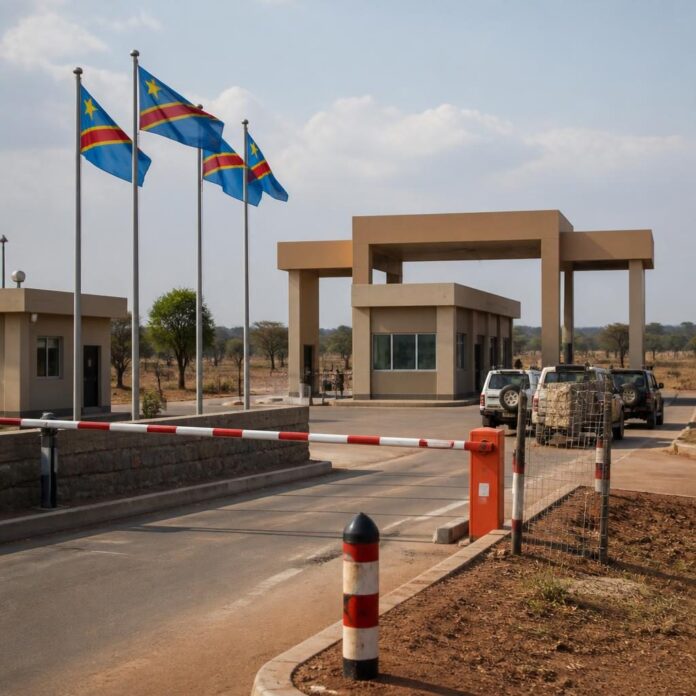 Poste frontalier moderne de Lonshi avec drapeaux et installations de contrôle à la frontière avec la Zambie