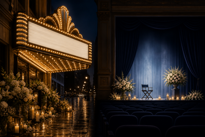 Illustration editoriale d un theatre et d une scene de recueillement en hommage a une actrice disparue.