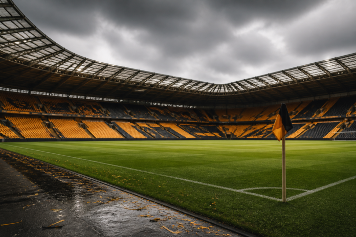 Illustration editoriale d un stade anglais aux tons ambres et noirs apres la victoire 2-0 de Hull City contre Manchester United.