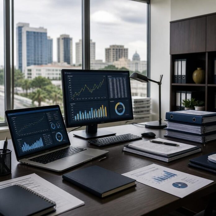 Bureau moderne de l'IGF avec ordinateurs et documents financiers