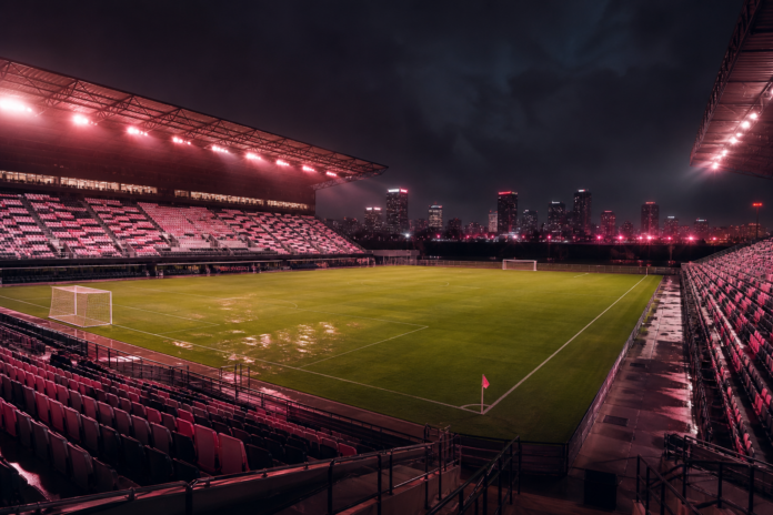 Illustration editoriale d un stade de football nord-americain vide sous les lumieres roses de la nuit apres la victoire 2-1 de Toronto contre l Inter Miami.