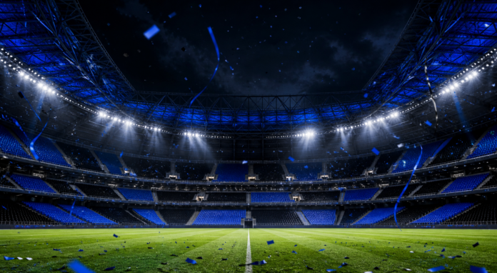 Illustration editoriale d un grand stade italien aux tons bleu et noir apres la victoire 4-1 de l Inter contre Monza.