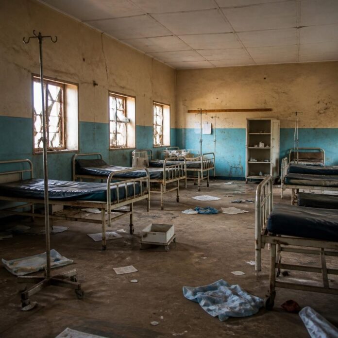 Salle de soins vide dans un centre de santé de l'Ituri, avec des lits inoccupés et des signes de négligence