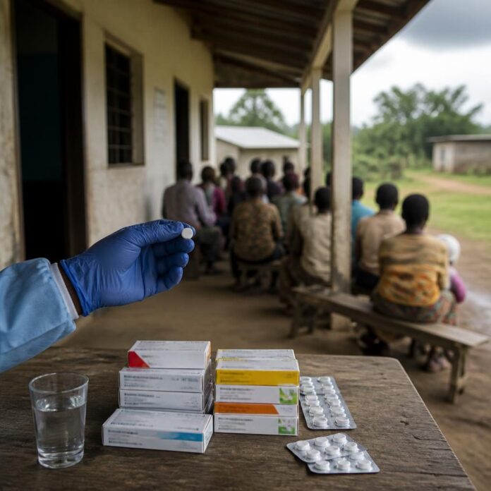 Distribution de médicaments antipaludiques à des habitants lors d'une campagne sanitaire en Ituri