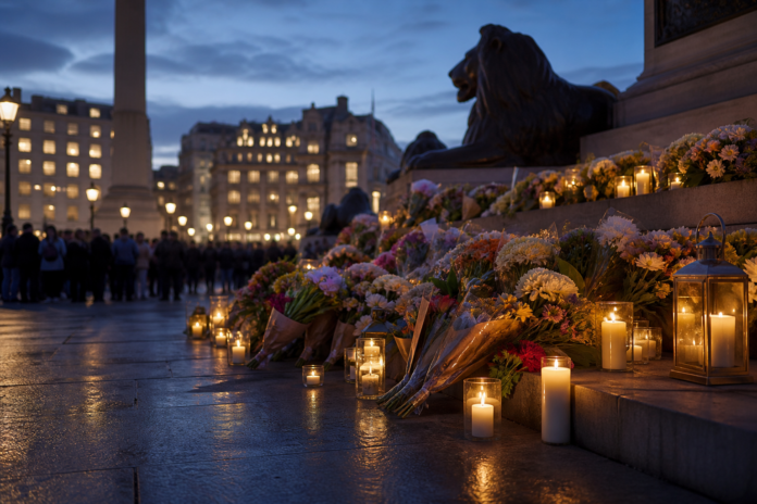 Illustration editoriale d une place de Londres couverte de fleurs et de bougies lors d un hommage a Jason Arday.