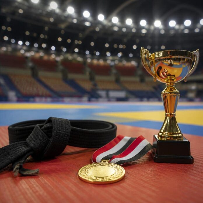Christophe Mputu avec sa médaille d'or après sa victoire en finale des championnats du monde de ju-jitsu à Abu Dhabi