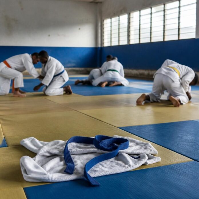 Athlètes de jujitsu congolais en entraînement sur un tatami, préparant le championnat d'Afrique à Alger