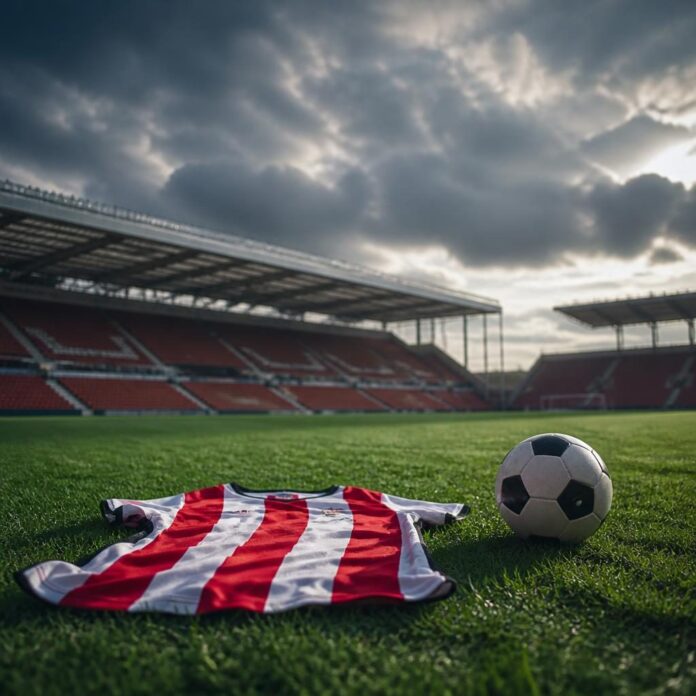 Maillot de Sunderland sur un joueur de football dans un stade anglais