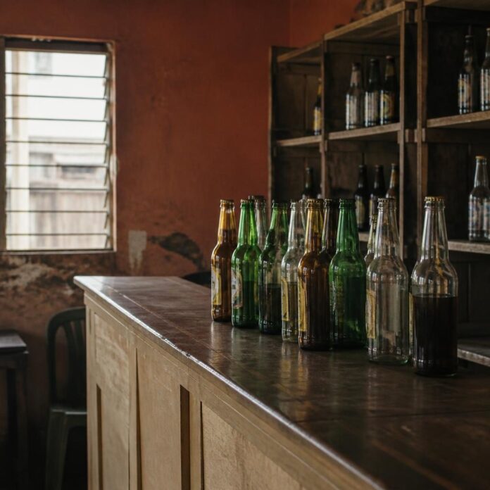 Bouteilles de bière alignées sur un comptoir dans un bar à Kananga, avec une ambiance tamisée