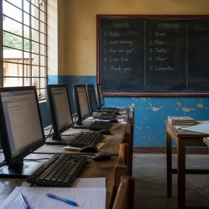 Jeunes participants à une formation gratuite en informatique et en anglais dans une salle de classe à Kananga