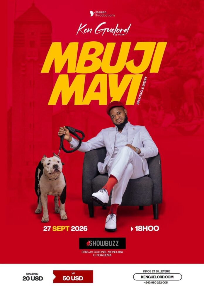 Scène de spectacle avec micro et lumières colorées pour le one-man-show Mbujimayi à Kinshasa