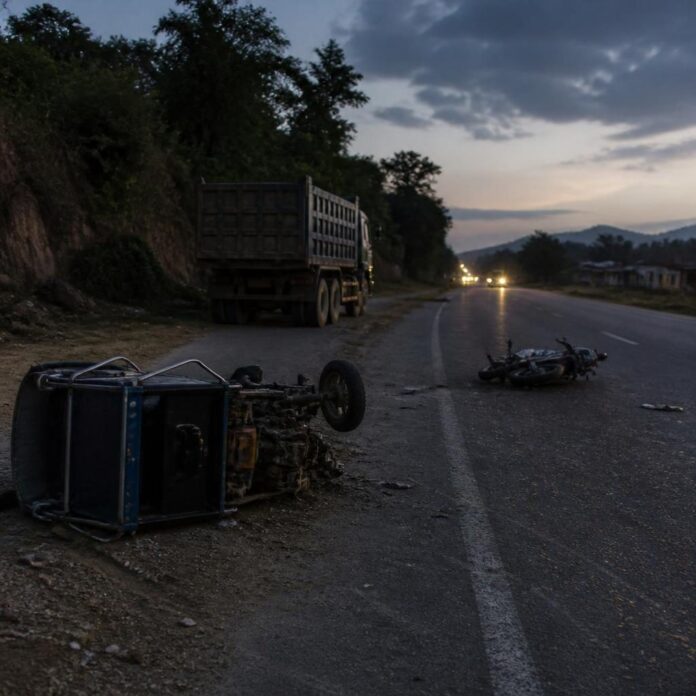 Route nationale en RDC avec des véhicules accidentés et un poids lourd en panne réduisant la chaussée