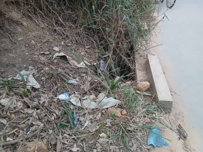 Caniveaux remplis de déchets et de végétation sur une avenue de Kindu