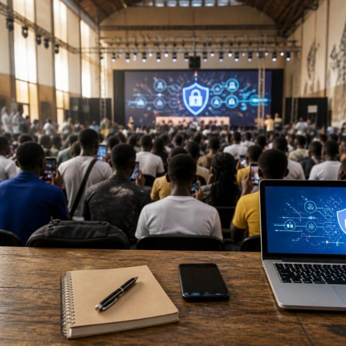 Jeunes participants avec smartphones lors du forum Du virtuel au réel à l'Académie des Beaux-Arts de Kinshasa