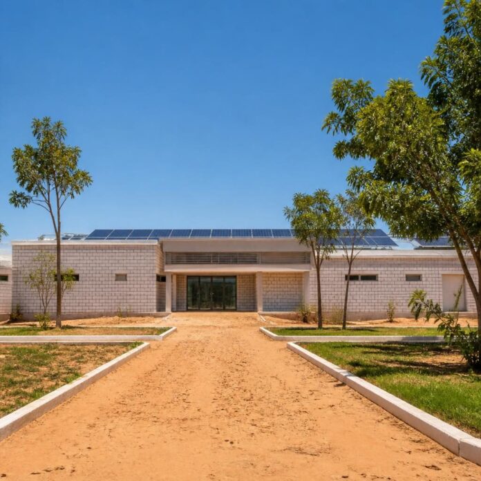 Bâtiment de la nouvelle morgue de Kolwezi avec toit solaire et allée vers le cimetière New Sapin