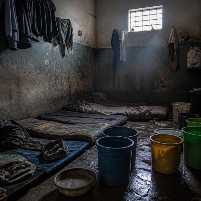 Cellule surpeuplée au cachot de Boko, au Kongo-Central, avec des matelas au sol et des seaux d'eau
