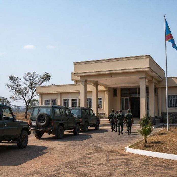 Auditorat militaire avec des véhicules de l'armée et des officiers en uniforme devant l'entrée